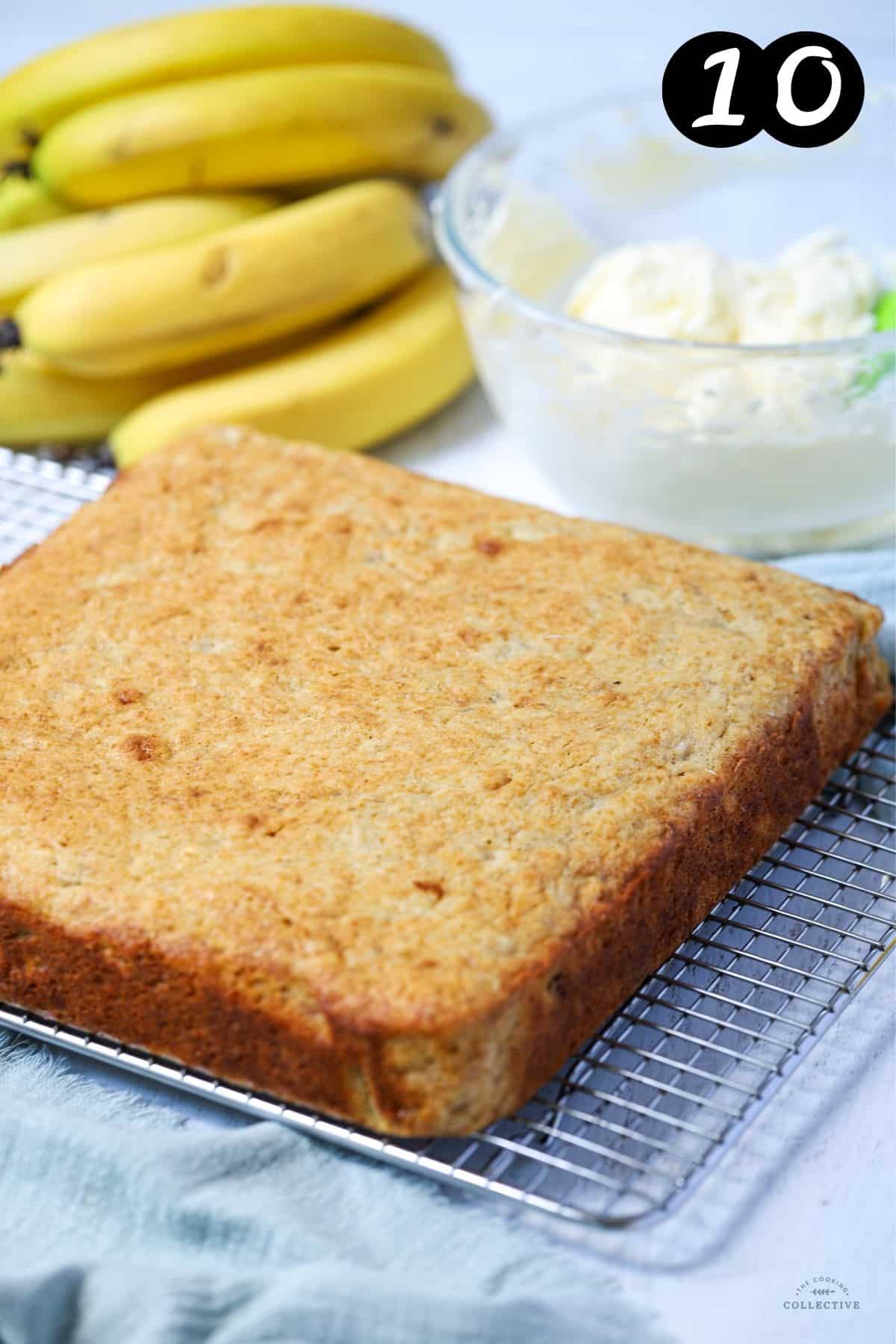 finished banana cake cooling on a wire rack