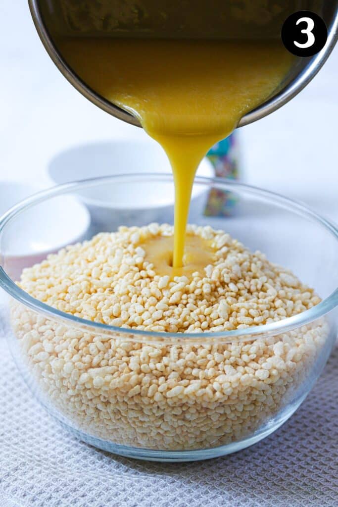 honey mixture being poured over rice bubbles