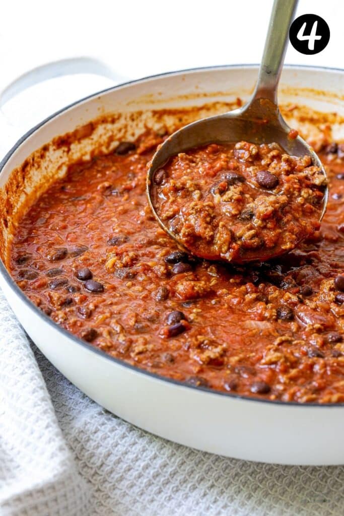 finished chilli in a white pan