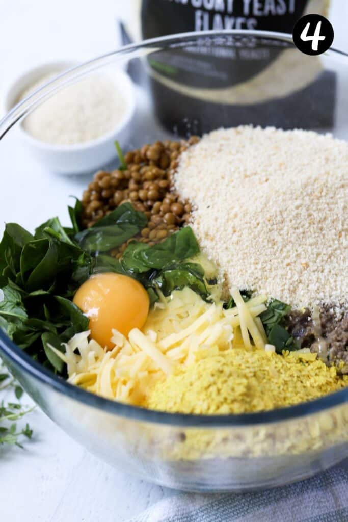 all filling ingredients for veggie sausage rolls in a glass bowl