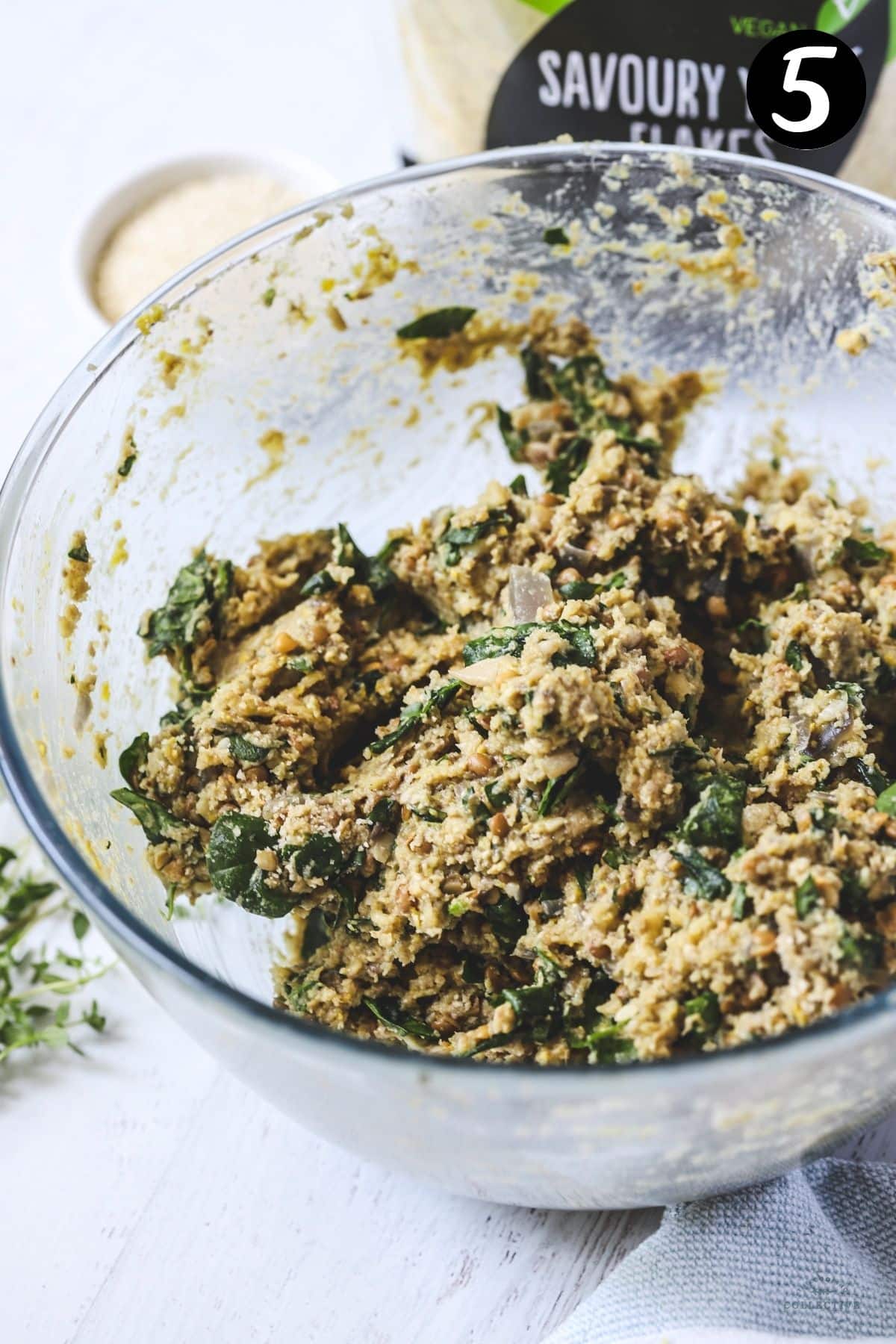 mushroom and lentil sausage roll filing in a glass bowl