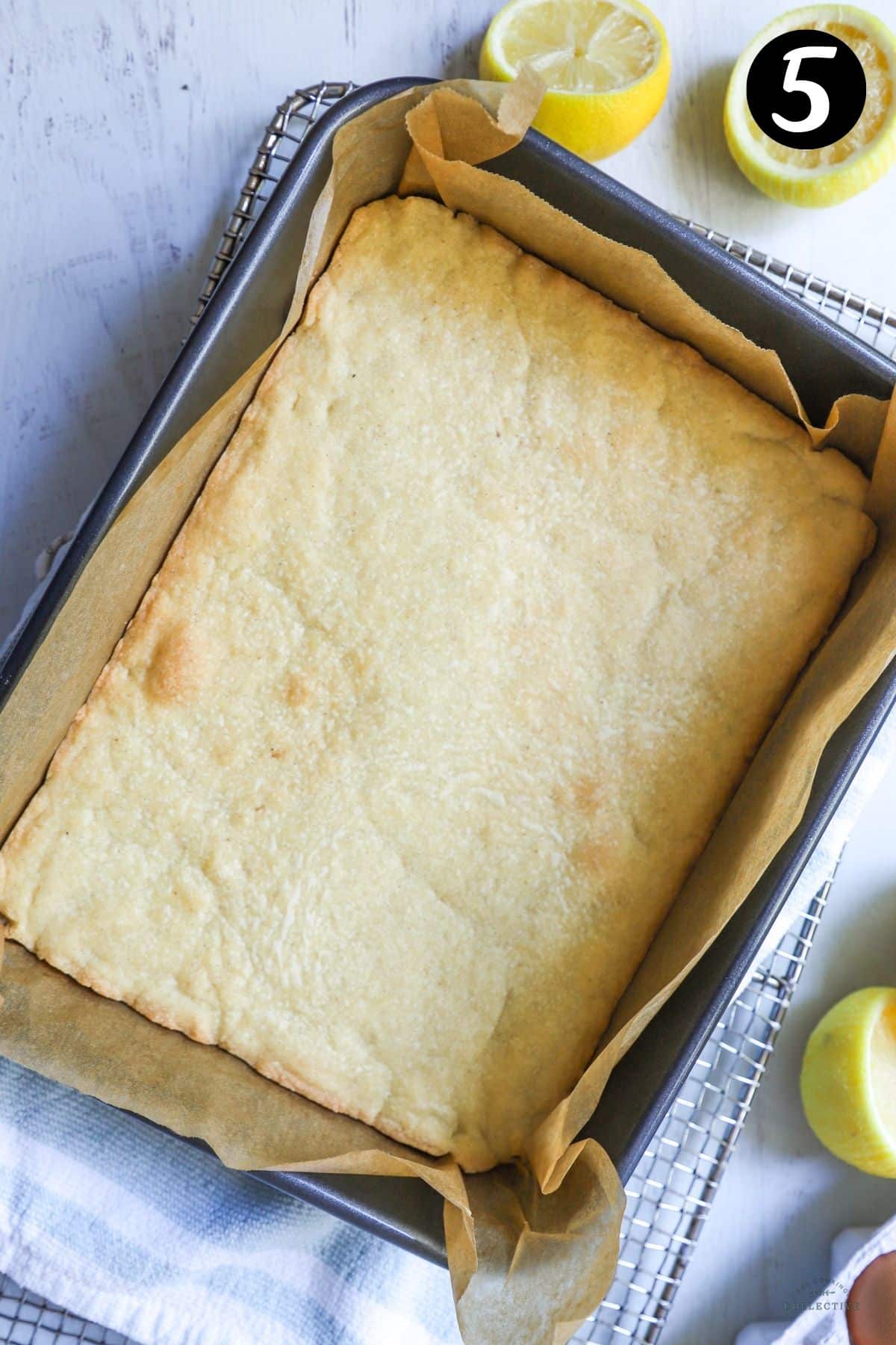 baked shortbread crust in a baking tray