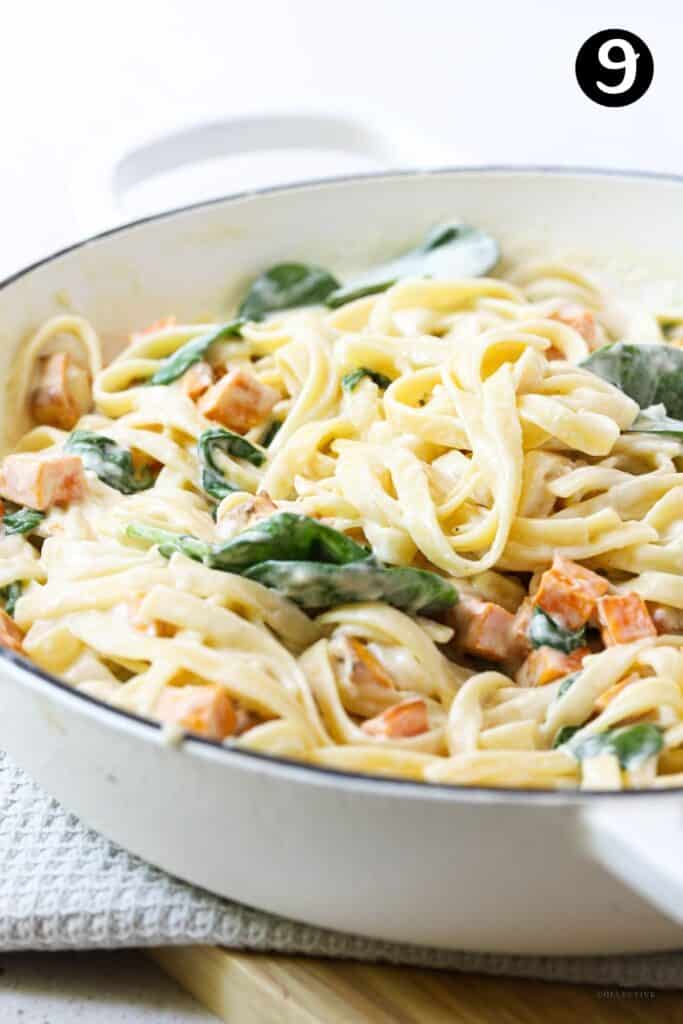 finished pasta in a white pan