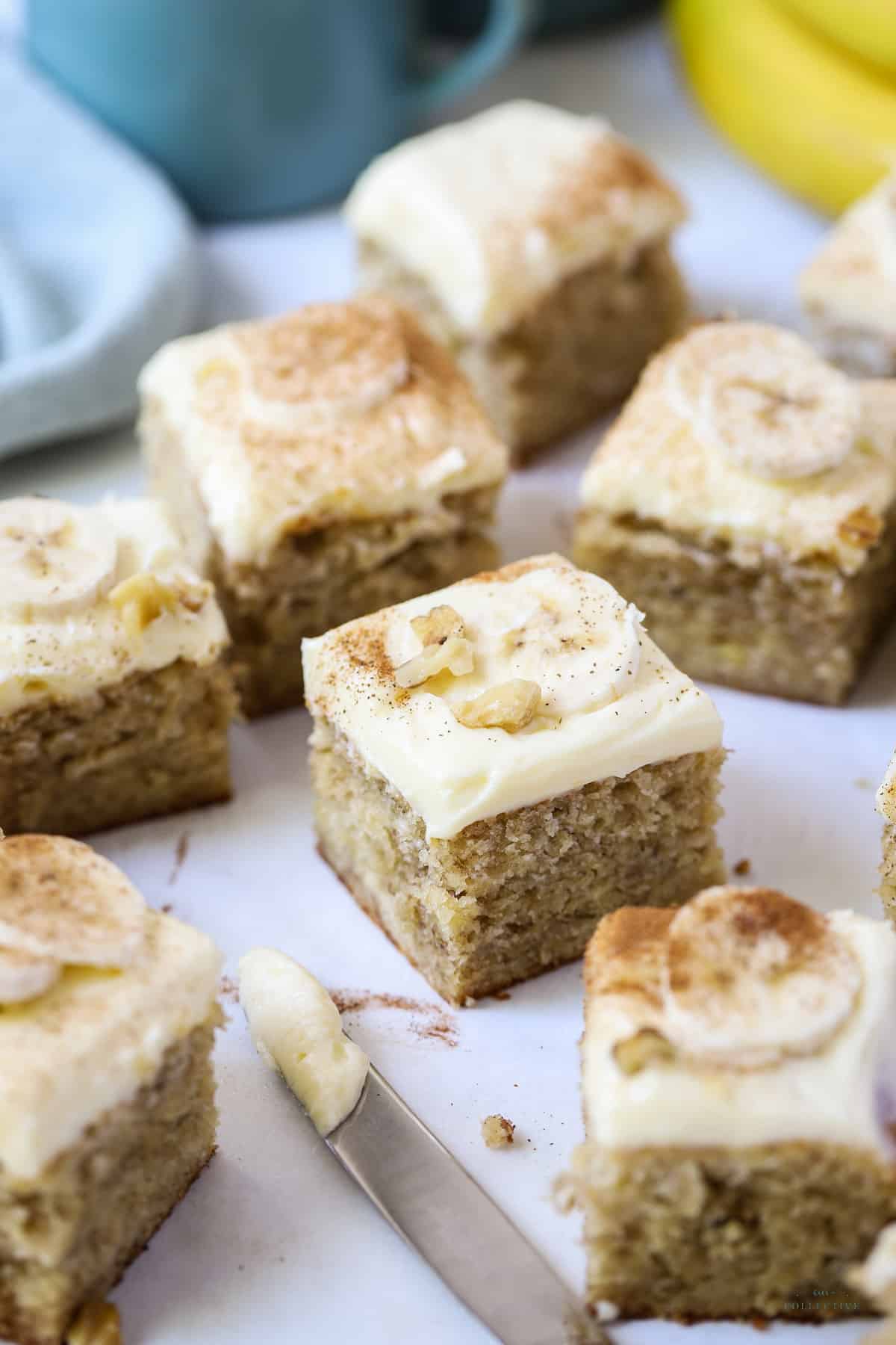 pieces of banana cake on a white table