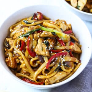 a bowl of udon noodles, chicken and vegetables in a dark sauce