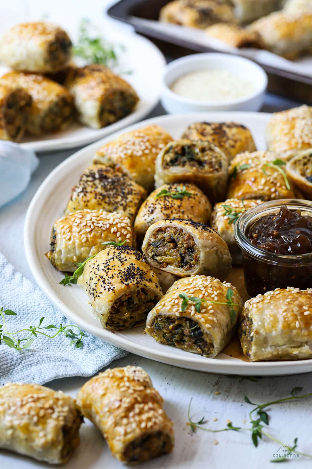 veggie sausage rolls on a white plate