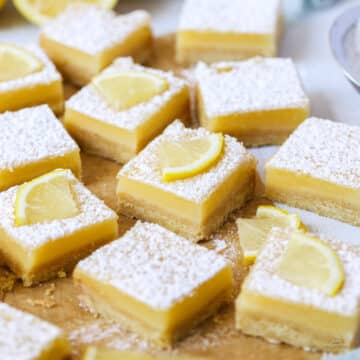 lemon curd slice cut into squares on a board