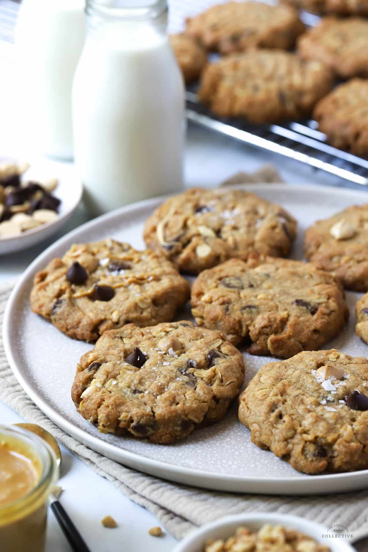 peanut butter cookies with chocolate chips on a grey plate