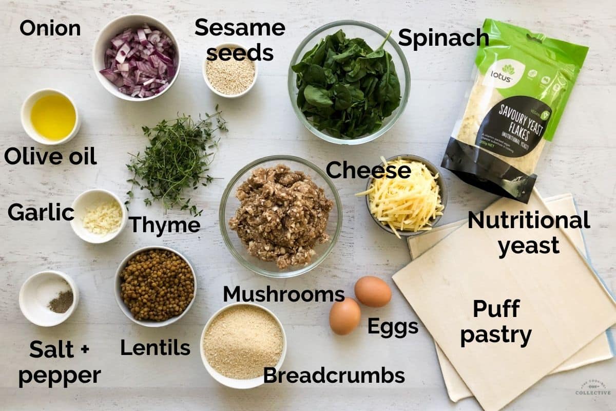 all ingredients for veggie sausage rolls laid out on a table