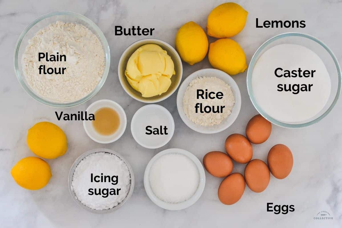 all ingredients for lemon bars laid out on a table