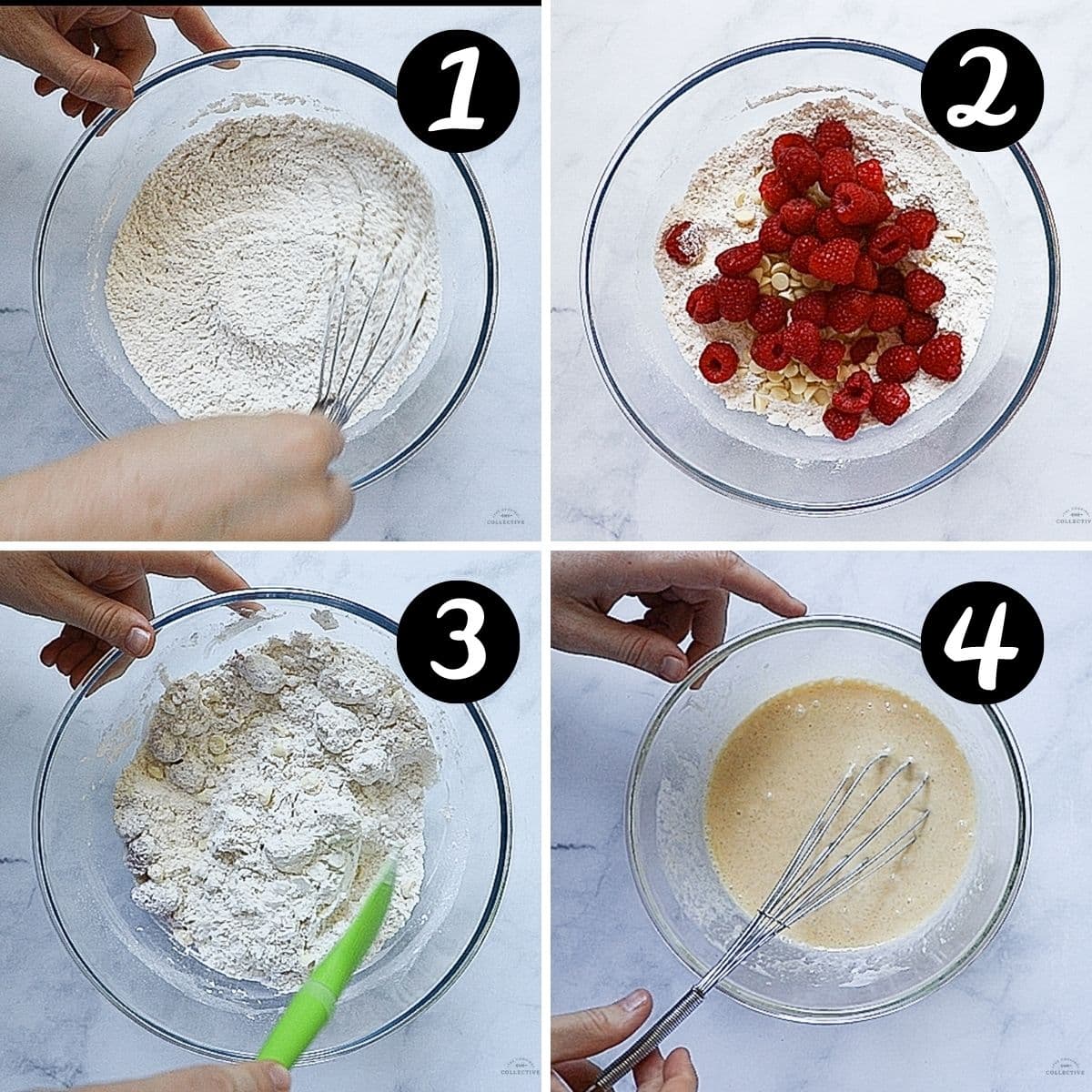 a photo grid showing raspberries and chocolate being folded into muffin mixture