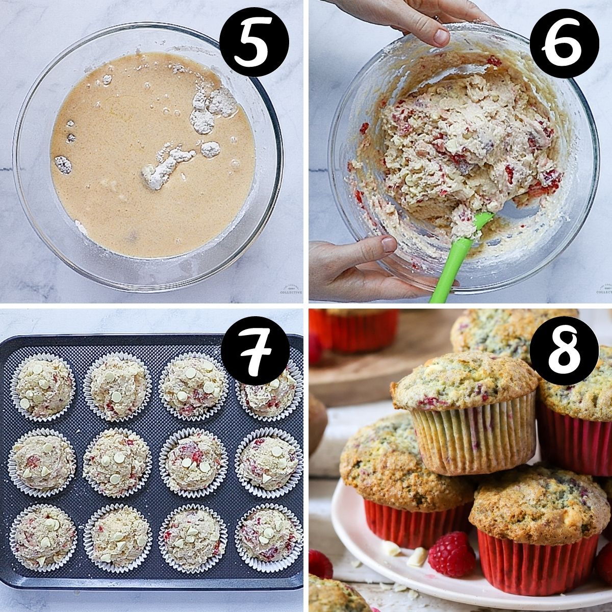 a grid of photos showing muffin batter in a muffin tin