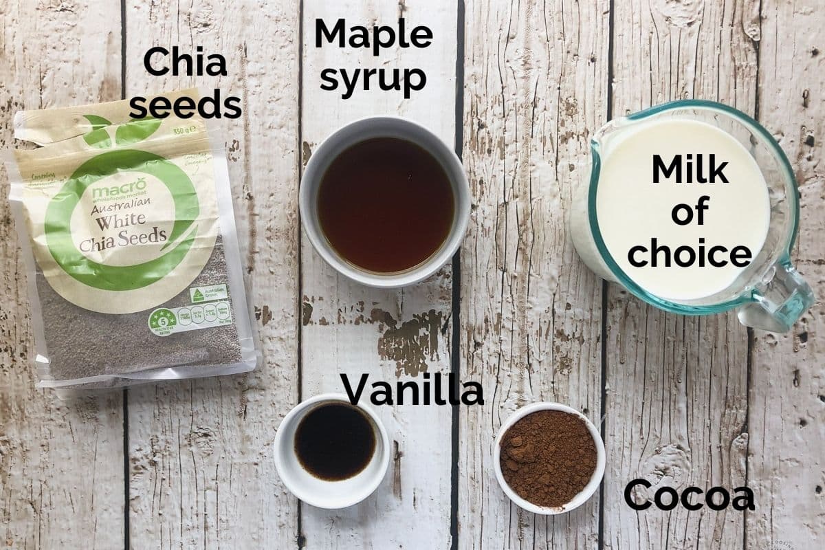 all ingredients for chia seed chocolate pudding laid out on a table