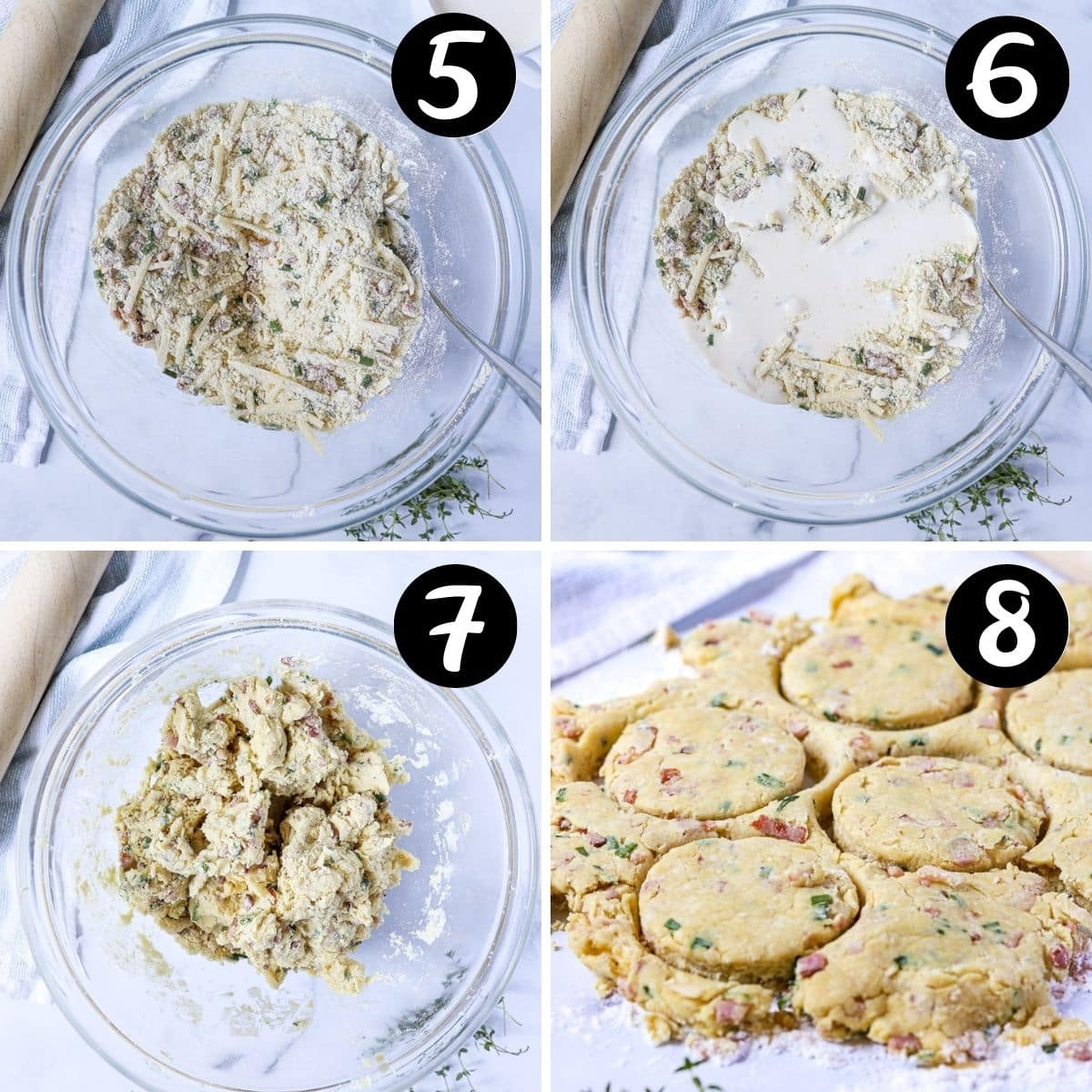 a grid of photos showing scone dough and dough being cut into circular pieces