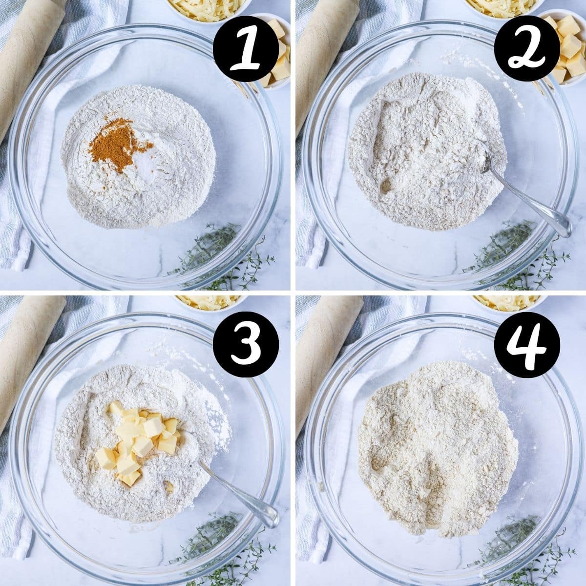 a grid of images showing butter rubbed into flour