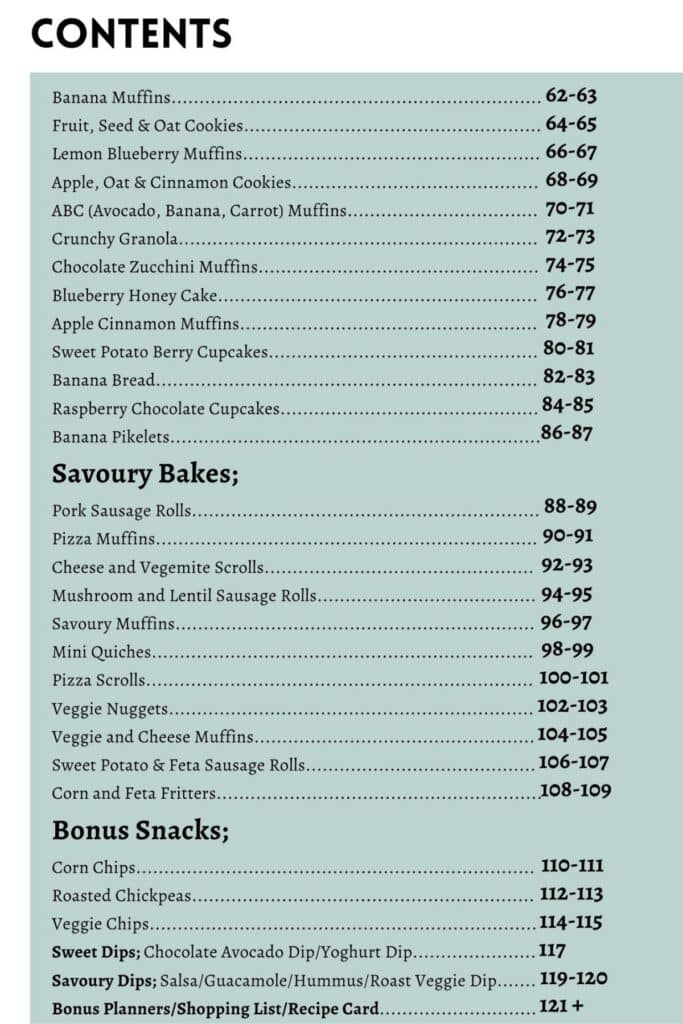 a table of contents showing healthy lunchbox recipes