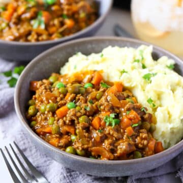 a bowl of savoury mince with mashed potato