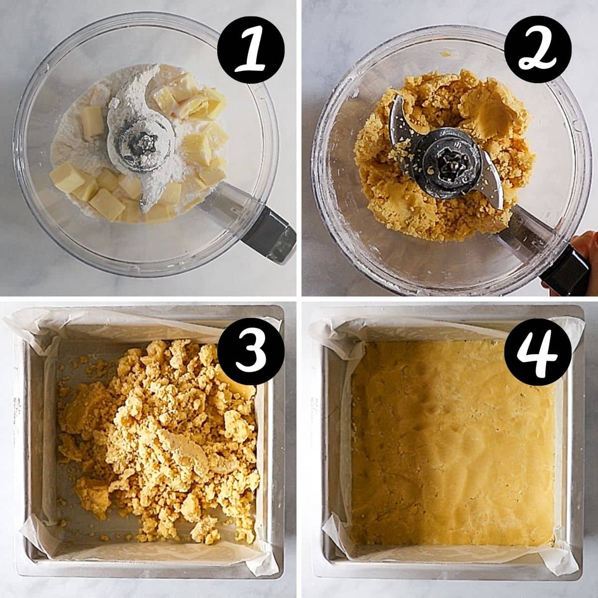 step by step photos showing a shortbread base being made in a food processor