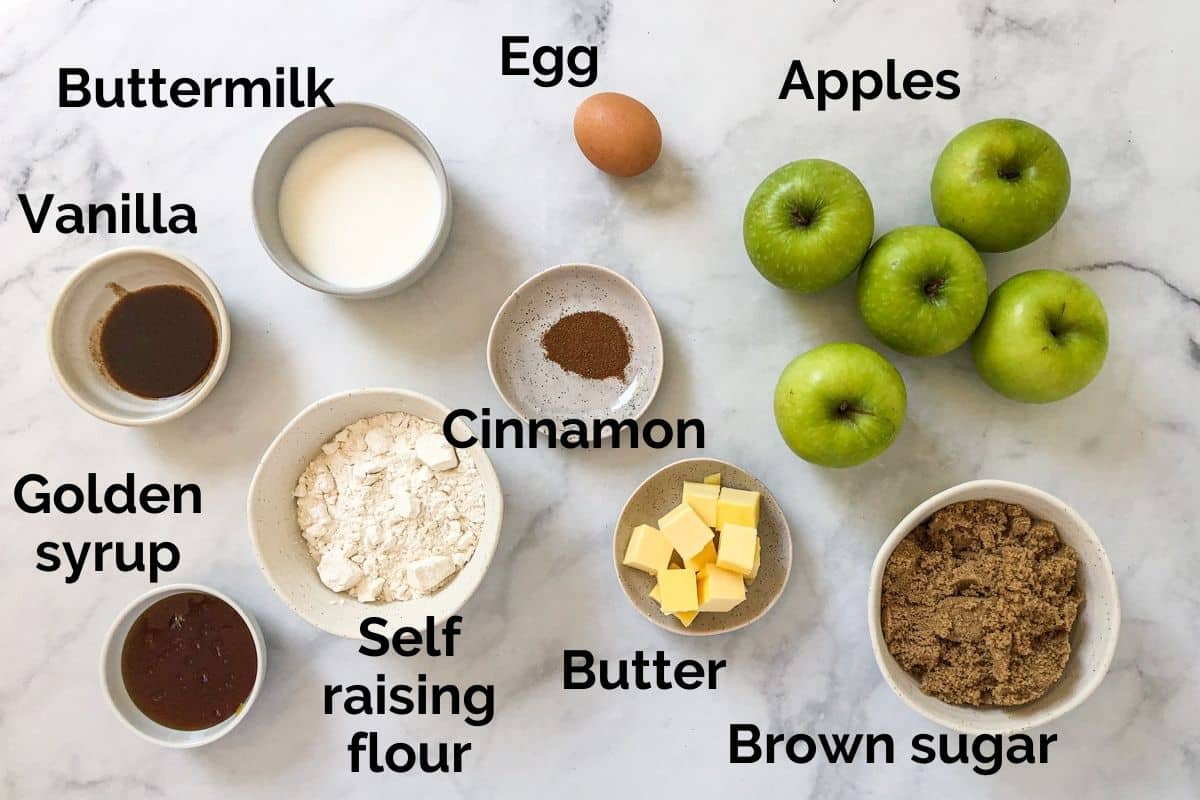 all ingredients for apple sponge pudding laid out on a table