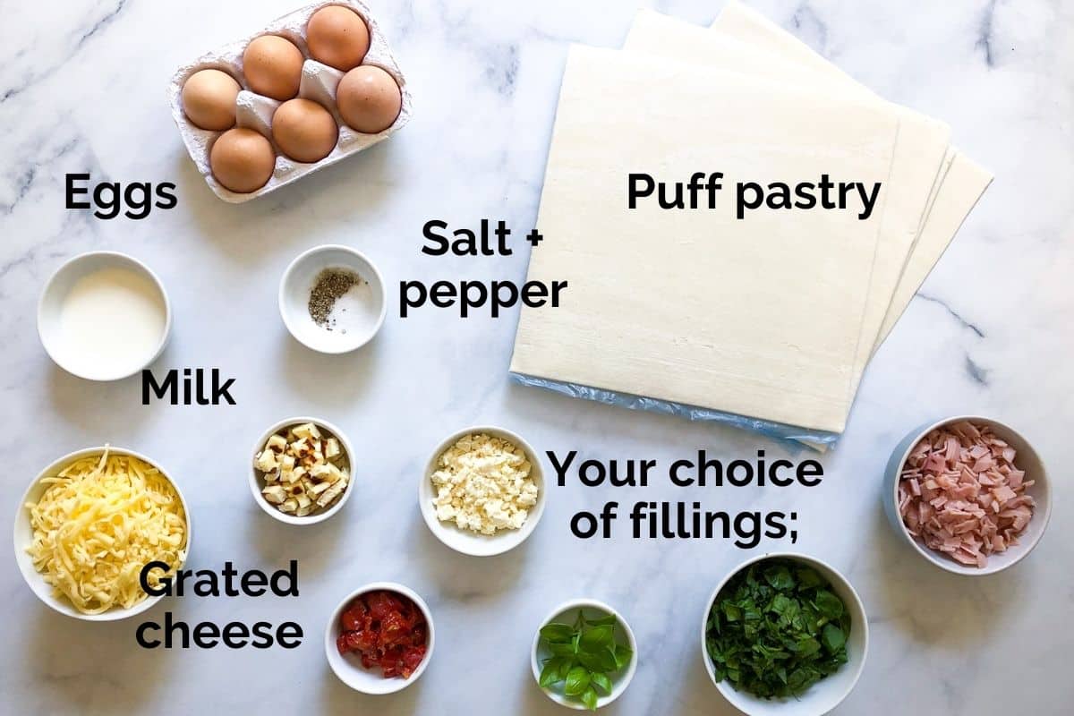 all ingredients for puff pastry mini quiche laid out on a table