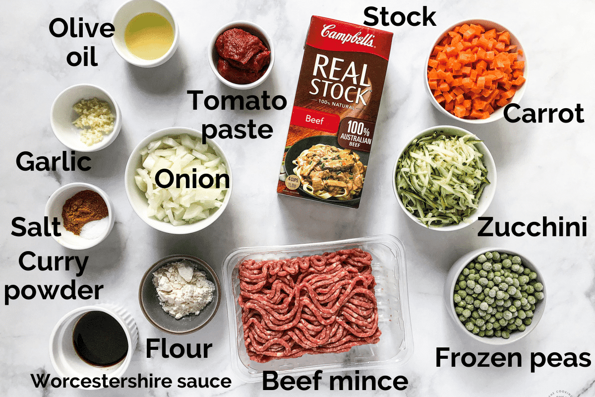 all ingredients for savoury mince laid out on a table