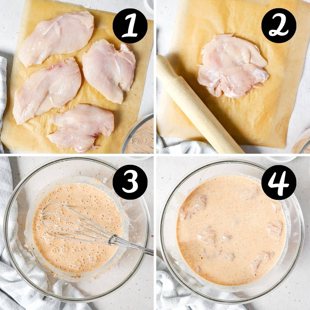 chicken fillets being flattened with a rolling pin and soaked in buttermilk mixture