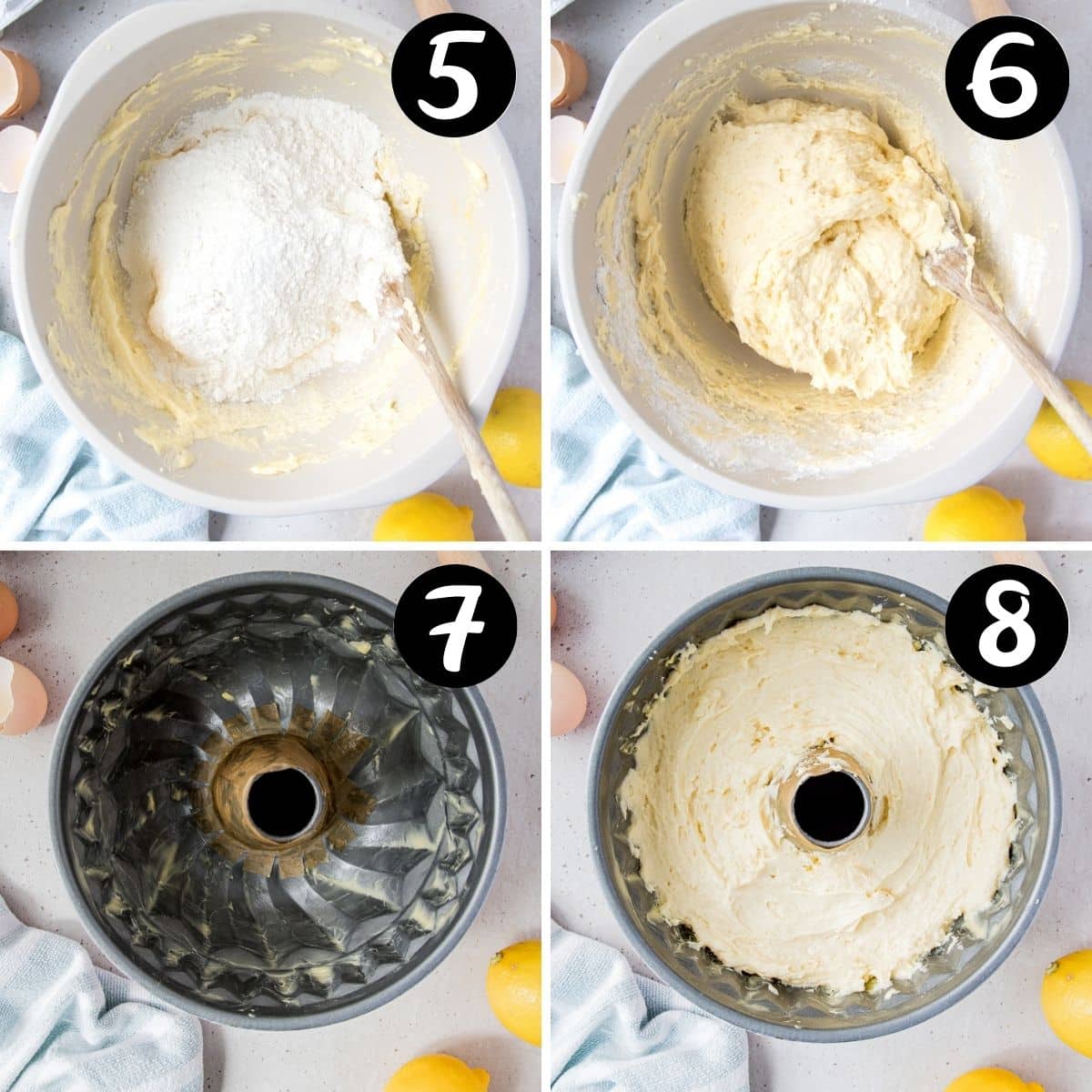 flour being folded into butter mixture and added to a cake tin