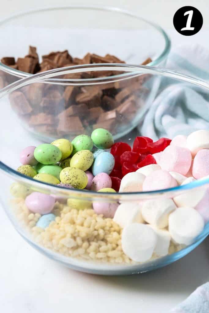 mini eggs, rice bubbles and marshmallows in a bowl