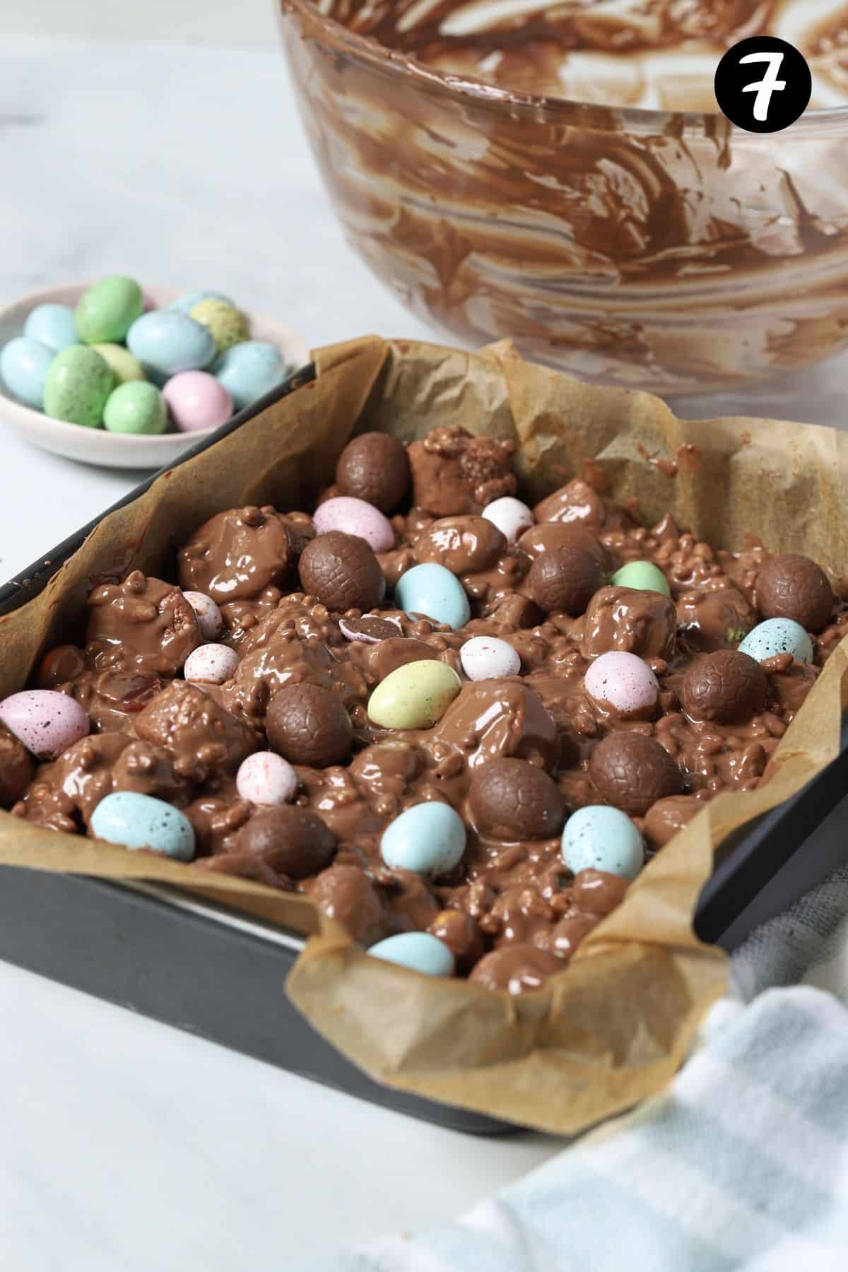 rocky road mixture in a lined tray