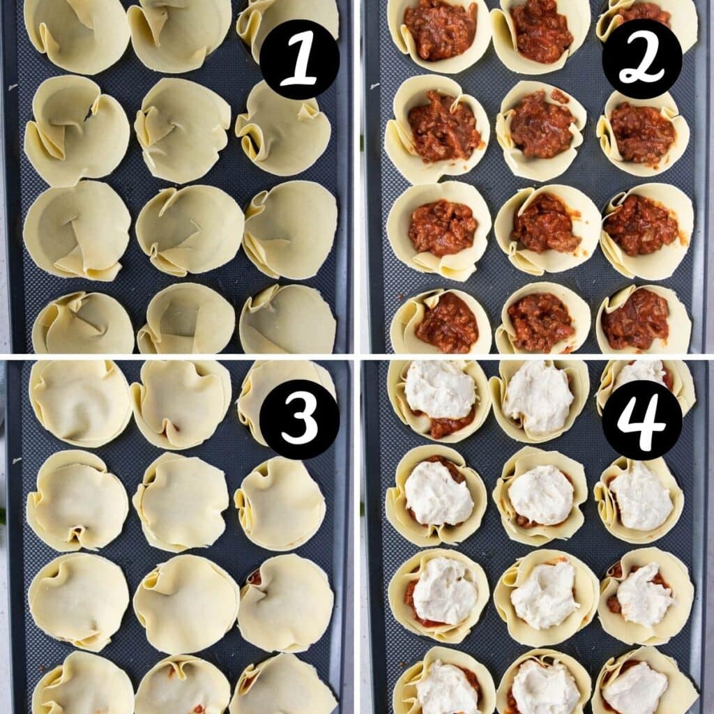 pasta sheets layered with meat and cheese in a muffin tray