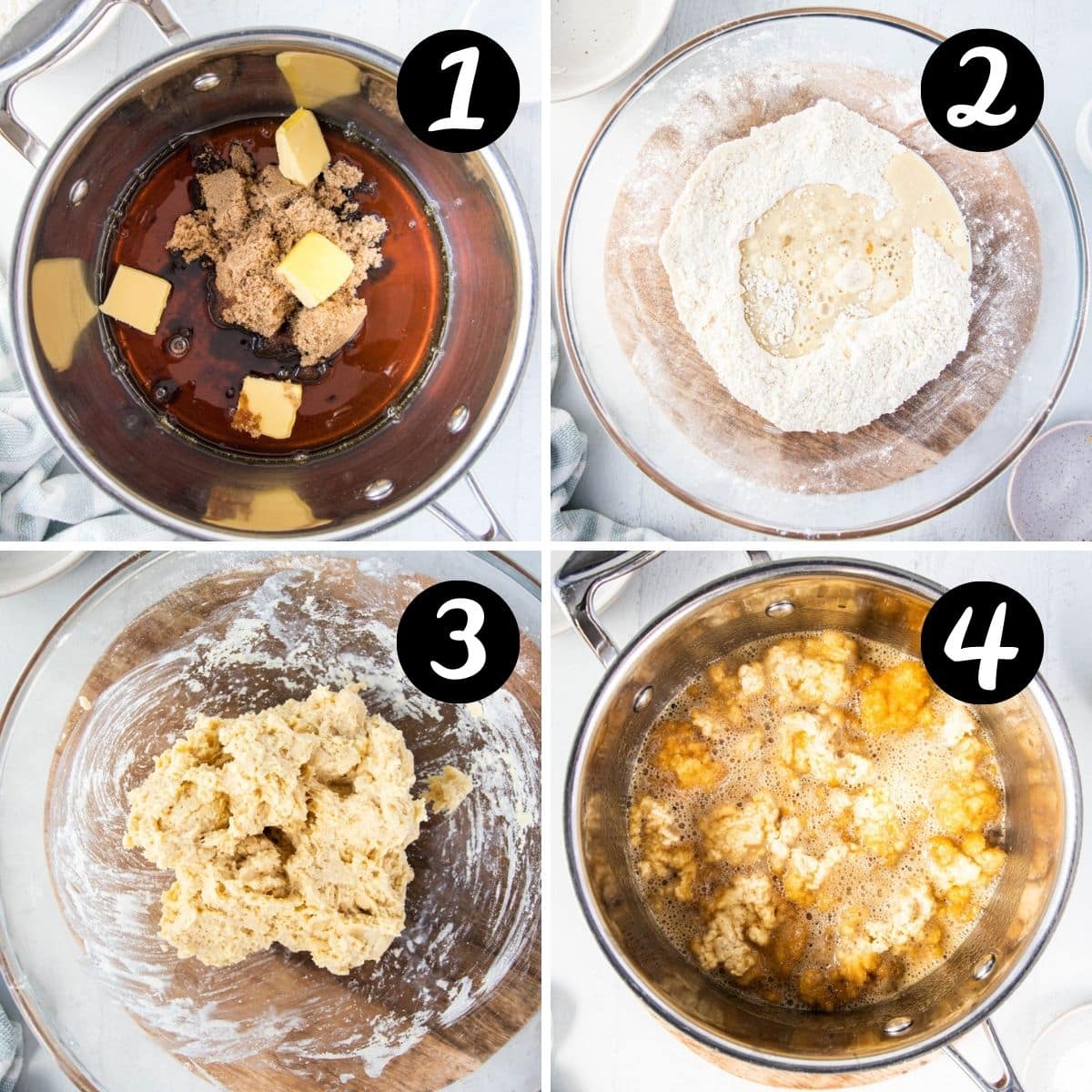 step by step photos showing dumpling batter and golden syrup in a pan.