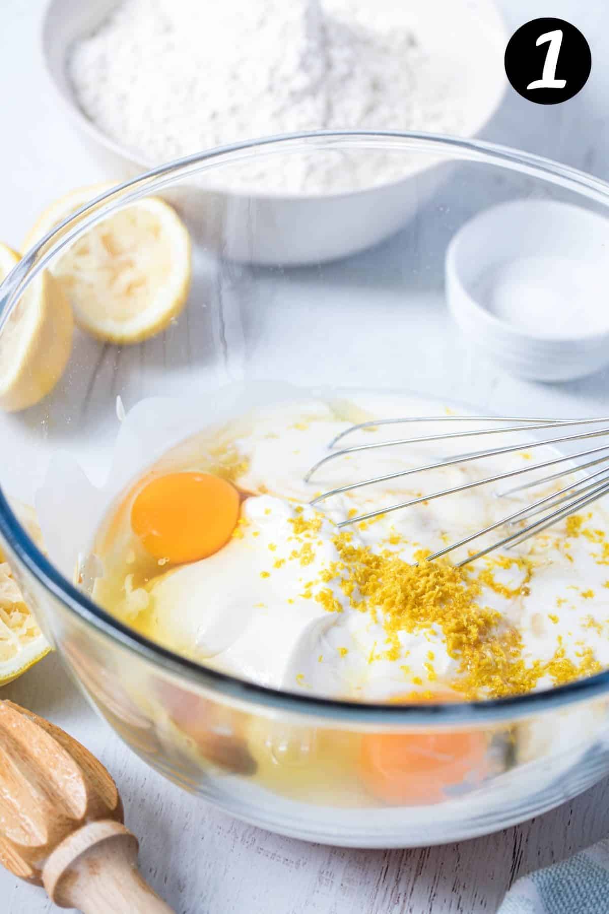 yoghurt in a bowl with eggs and lemon