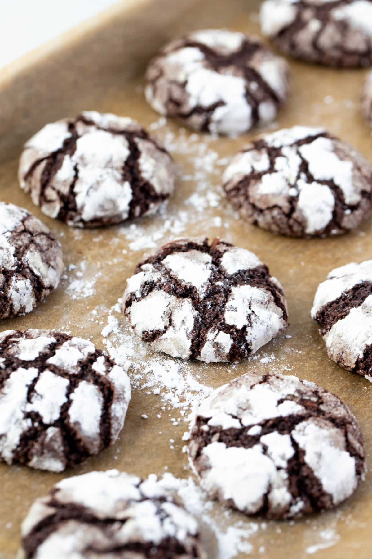 finished crinkle cookies on a baking tray