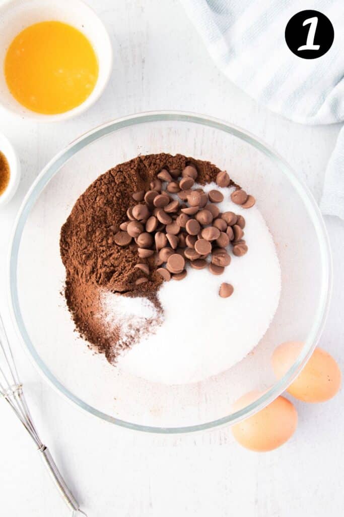 dry ingredients and chocolate chips in a mixing bowl