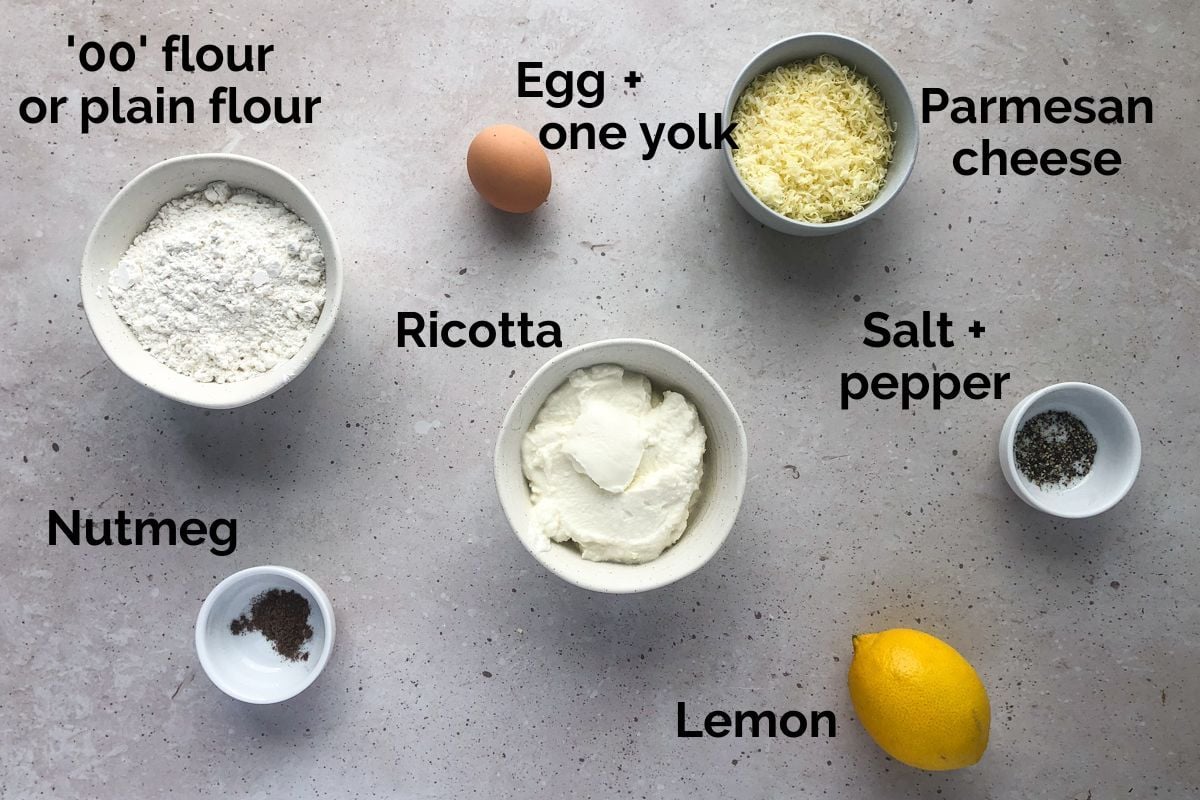 ingredients for ricotta gnocchi laid out on a table.