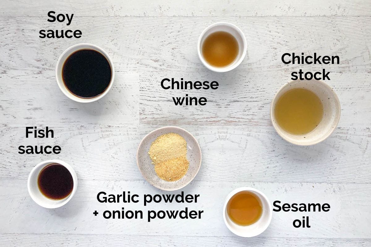 ingredients for fried rice sauce laid out on a table