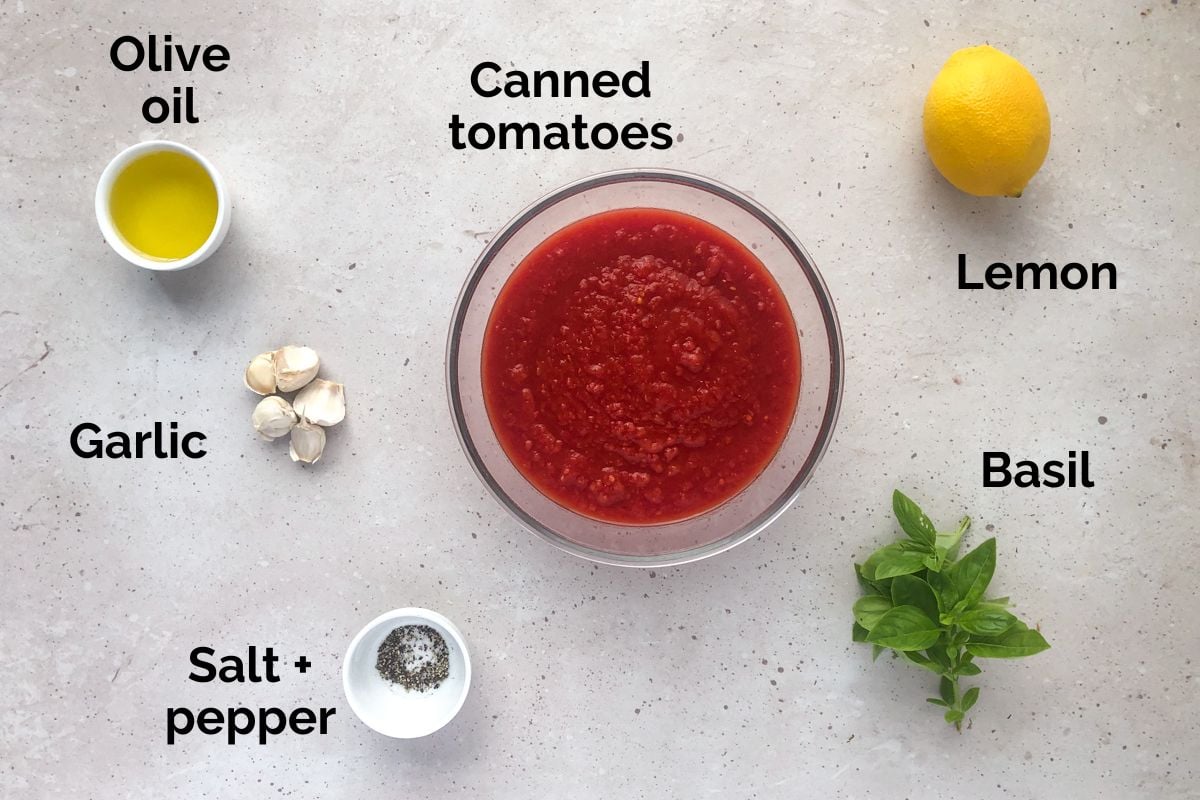 all ingredients for tomato marinara sauce laid out on a table.
