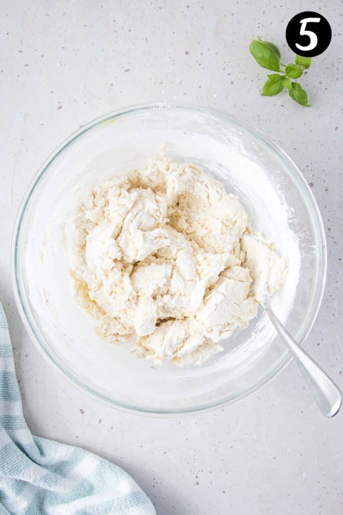 gnocchi dough in a glass bowl.