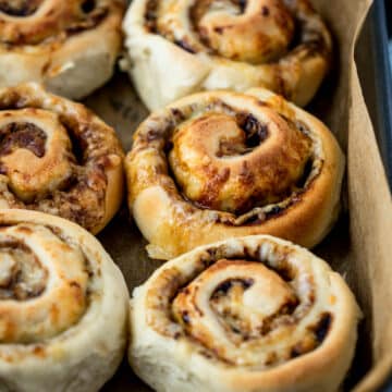 cheese and vegemite scrolls in a baking tray