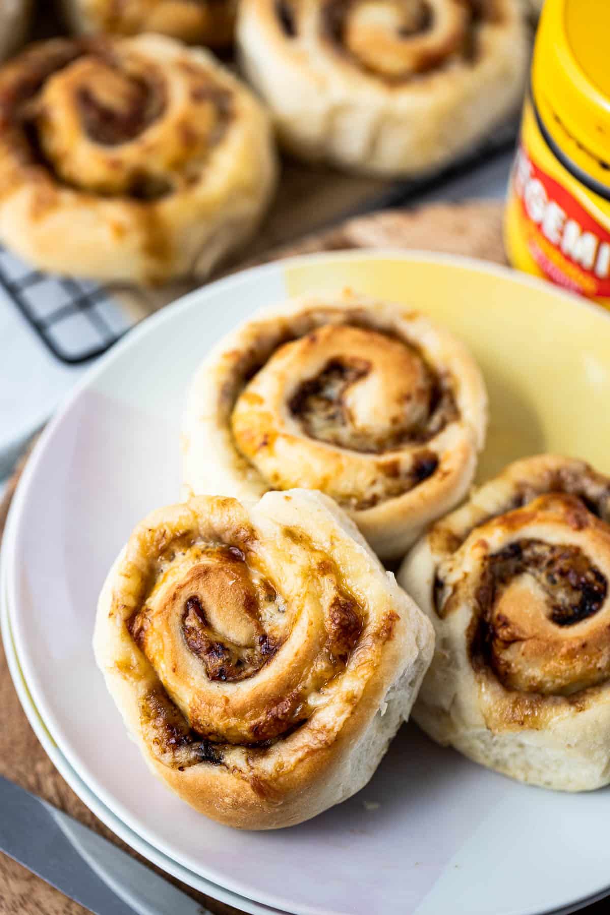 cheese and vegemite scrolls on a plate