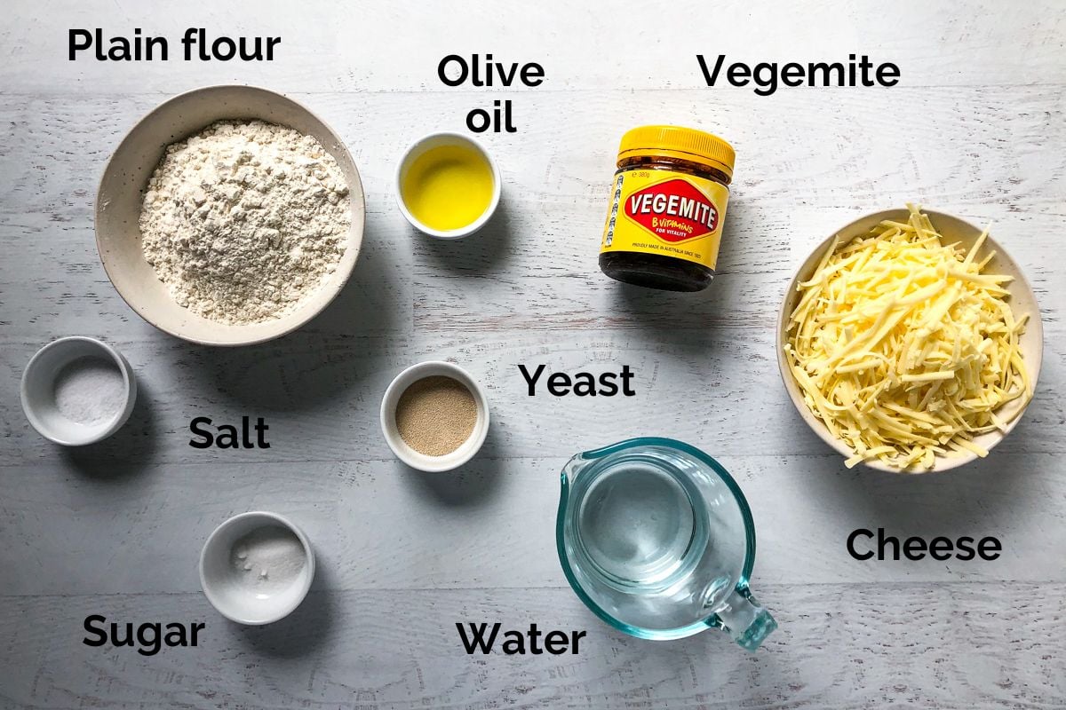 all ingredients for cheese and vegemite scrolls laid out on a table