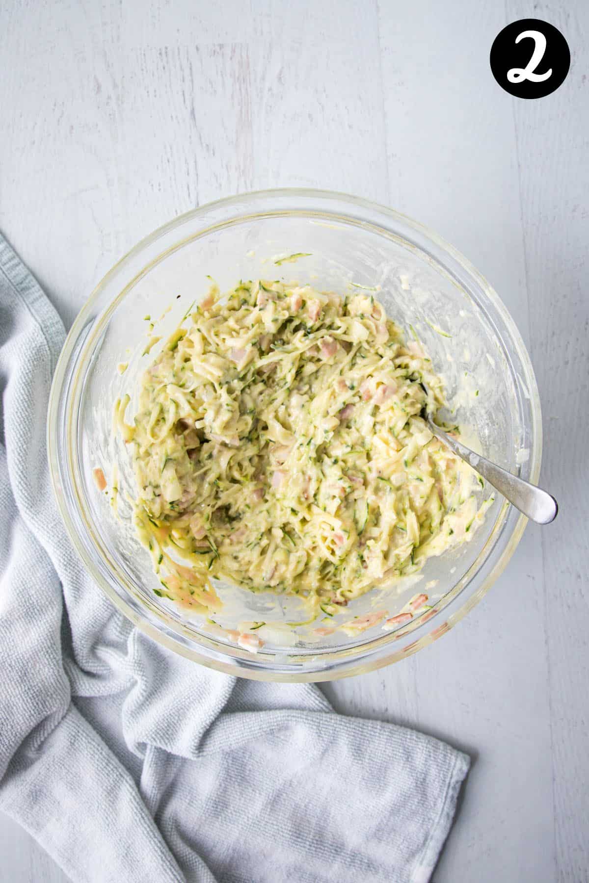 zucchini mixture in a glass bowl.