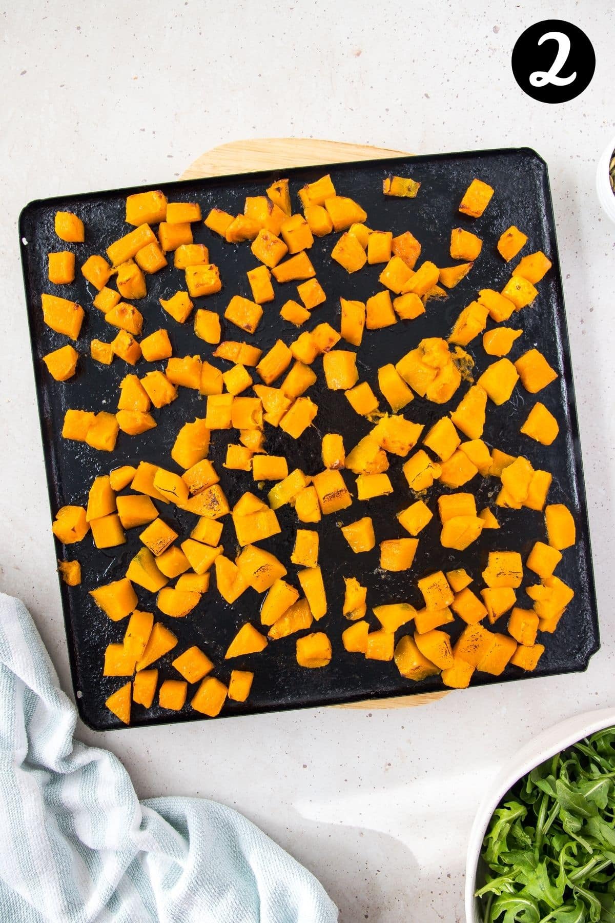 roast pumpkin on a baking tray.