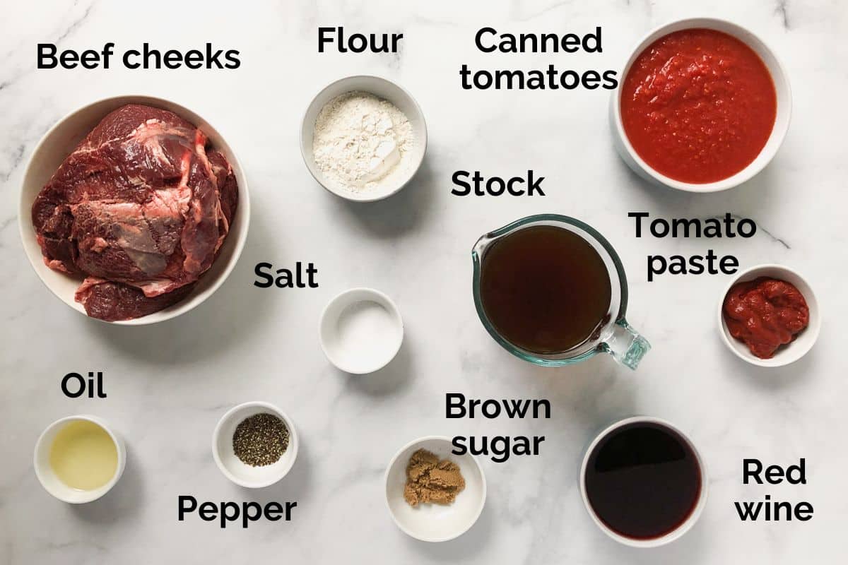 ingredients for beef cheek ragu, laid out on a table.