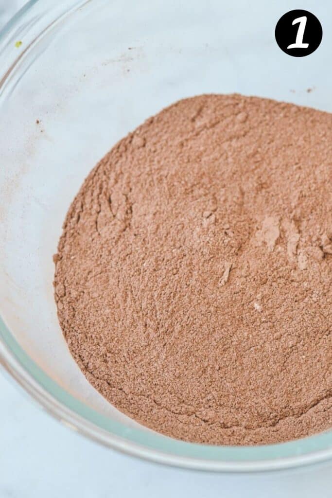 dry ingredients for chocolate cake in a bowl.