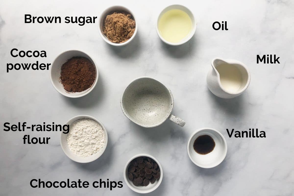 all ingredients for hot chocolate mug cake, laid out on a table.