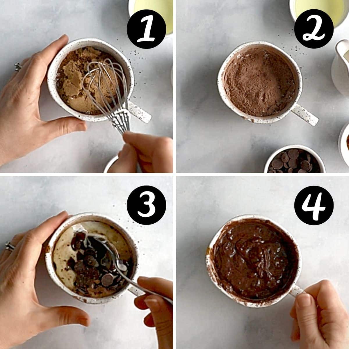 a grid of images showing mug cake batter being made in a mug.