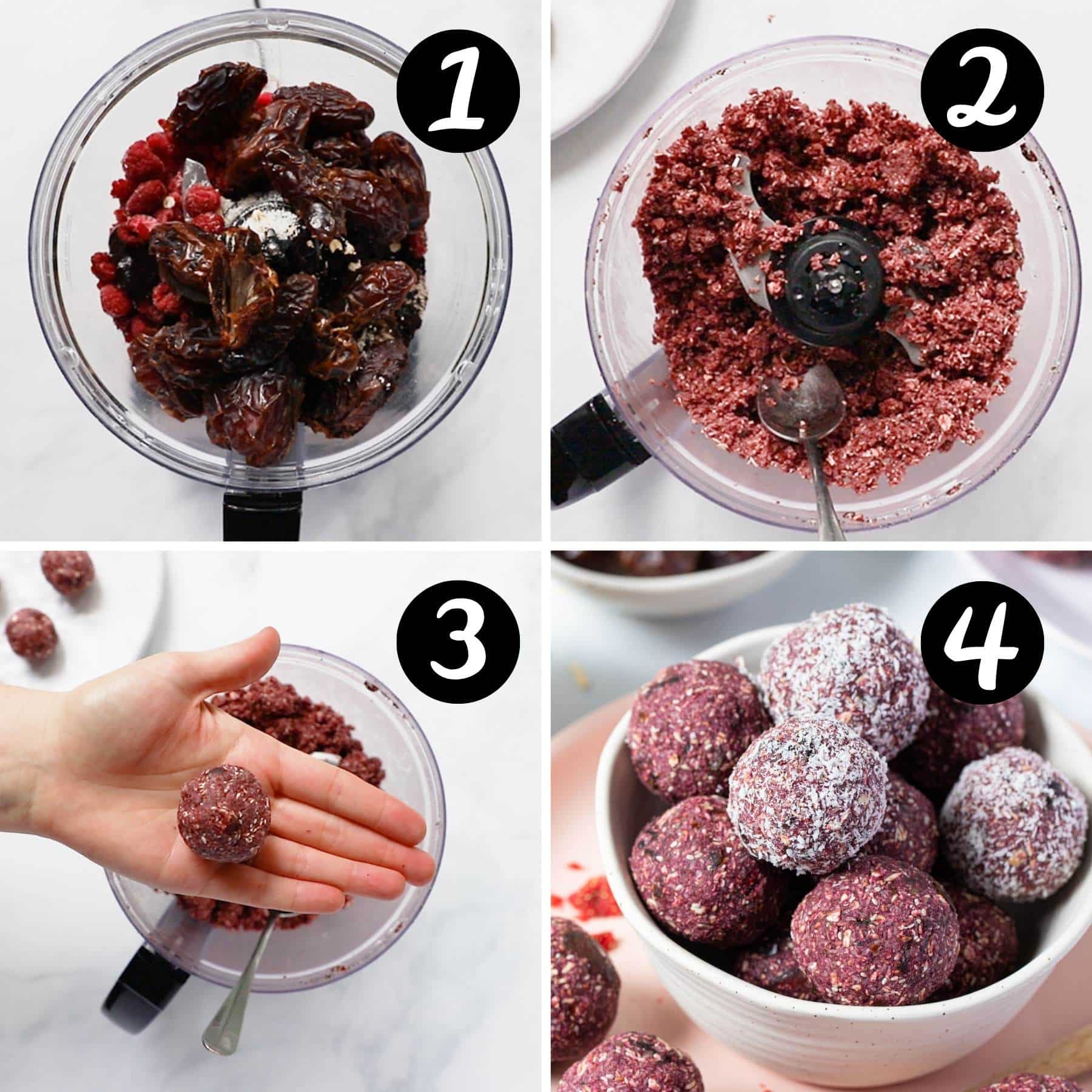 ingredients being blended in a food processor and a hand rolling the mixture into balls.