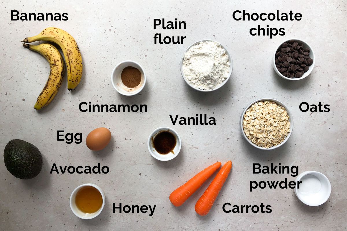 all ingredients for abc muffins, laid out on a table.