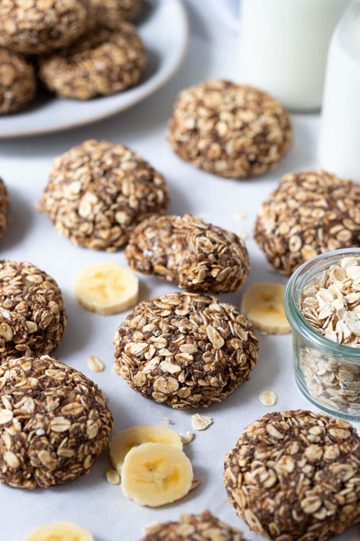 banana oat cookies on a white table.